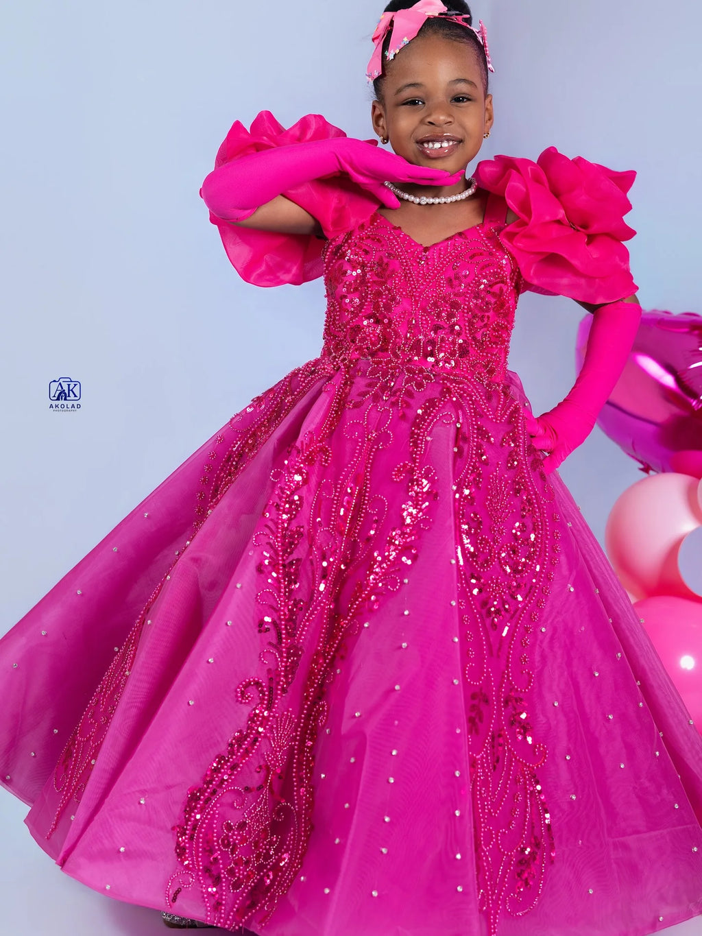 Customized Hot Pink Flower Girl Dress for Wedding Sequins Applique Puffy Baby Kids Birthday Party First Communion Gown