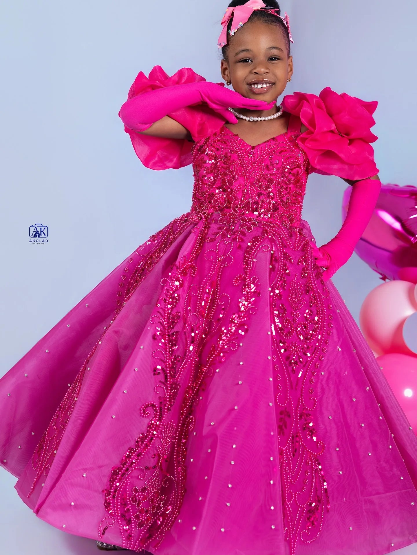 Customized Hot Pink Flower Girl Dress for Wedding Sequins Applique Puffy Baby Kids Birthday Party First Communion Gown