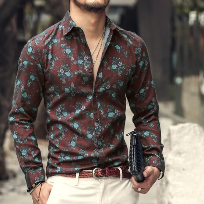 Men's 3D printed long sleeve Hawaiian shirt with floral design, comfortable fit, featuring a flap top style from Showlu Fashion.