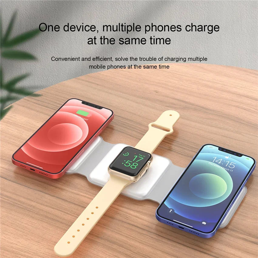 Showlu Smart General 3-in-1 wireless charging station with smart device holders and charging pads for smartphones, earbuds, and smartwatch.