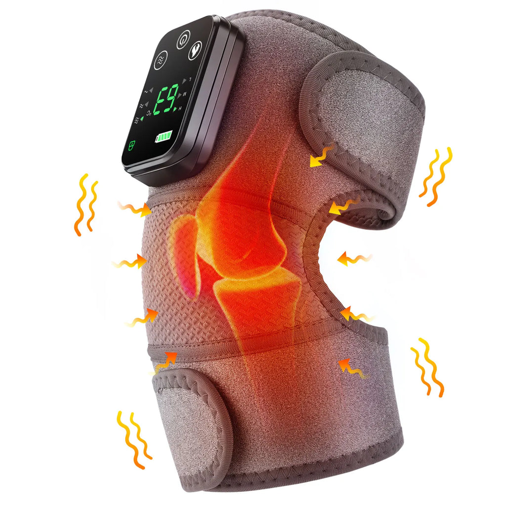 Showlu Electric Heating Knee Massager with vibration for joint relief, featuring adjustable straps and ergonomic design.