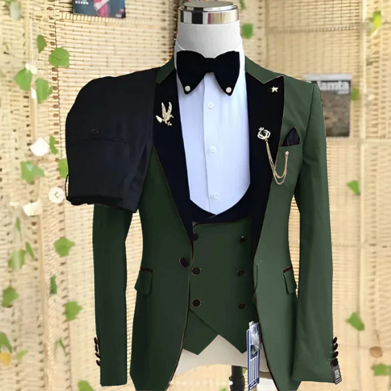 Beige 3-piece men's formal suit with peaked lapel, blazer, pants, and vest, suitable for weddings, parties, and business events.