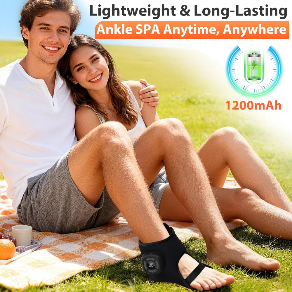 Electric foot and ankle massager with heating, vibration, and compression wrap for soothing relief and support.