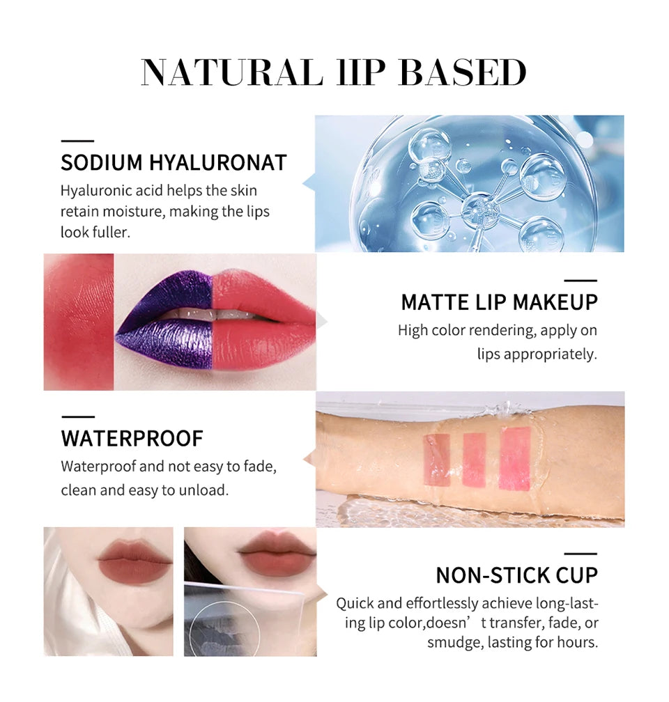 Showlu Smart General waterproof peel-off lip stain and tint applied on lips, showcasing a vibrant, glossy lip color.