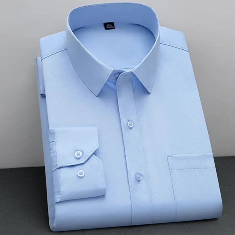 Showlu Fashion men's BAMBOOPLE non-iron long sleeve shirt in classic solid style, ideal for business casual and anti-wrinkle wear.