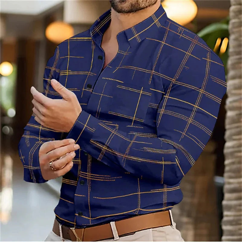 SHOWLU Men's slim fit dress shirt with 3D stripe print, bamboo fiber fabric, featuring a stylish and modern design.