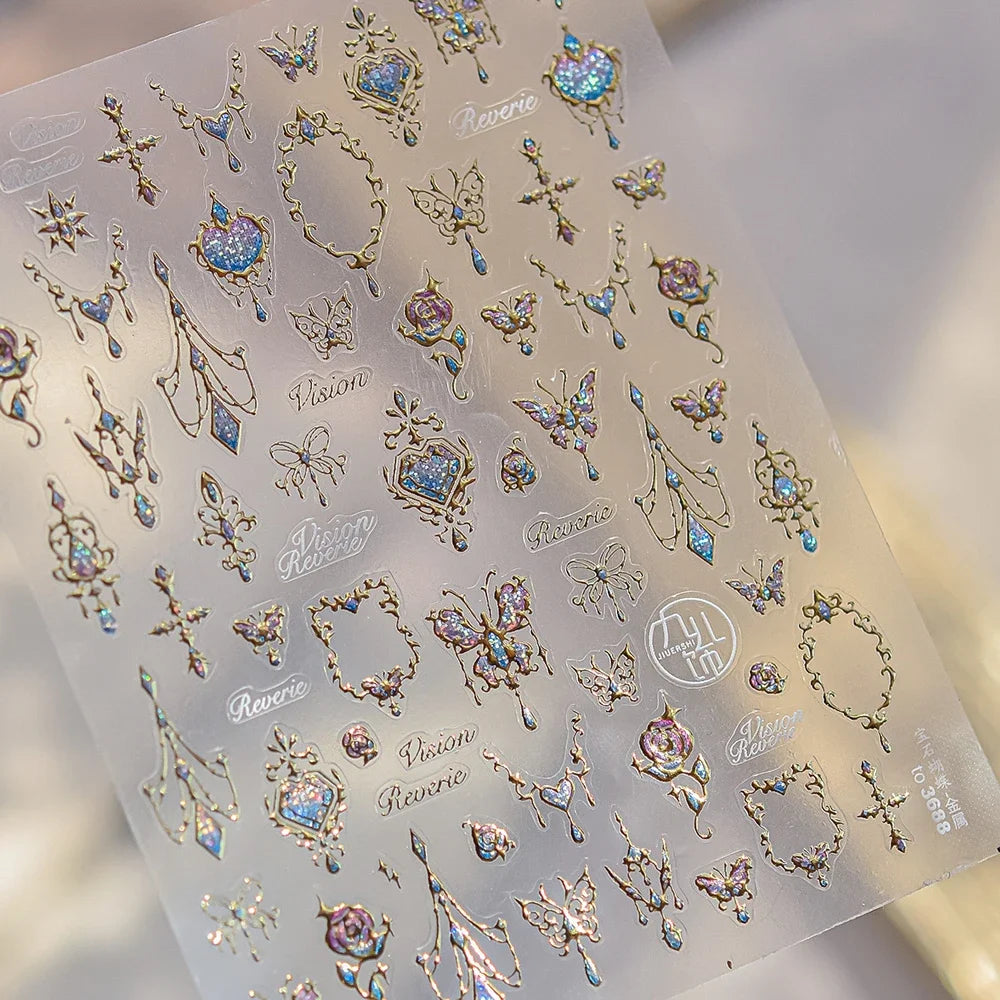 Elegant gold scepter 5D nail art stickers with gemstone design, self-adhesive manicure decals for luxurious nail decoration.