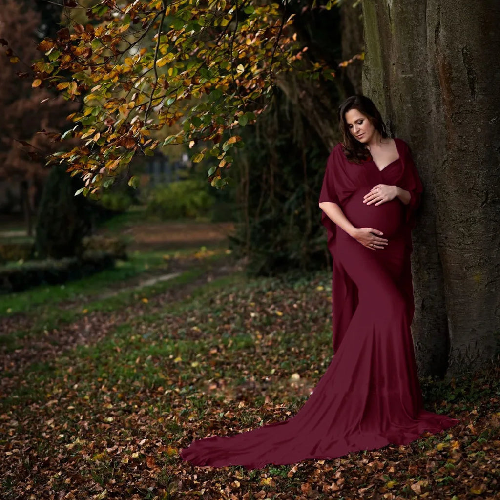 Elegant SHOWLU FASHION STORE maternity maxi dress with batwing sleeves, perfect for photoshoots and comfortable maternity wear.
