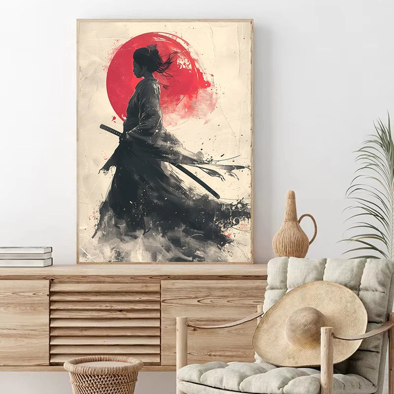Japanese landscape with samurai, geisha, bonsai, torii gate, sakura trees, wall art poster for home decor.