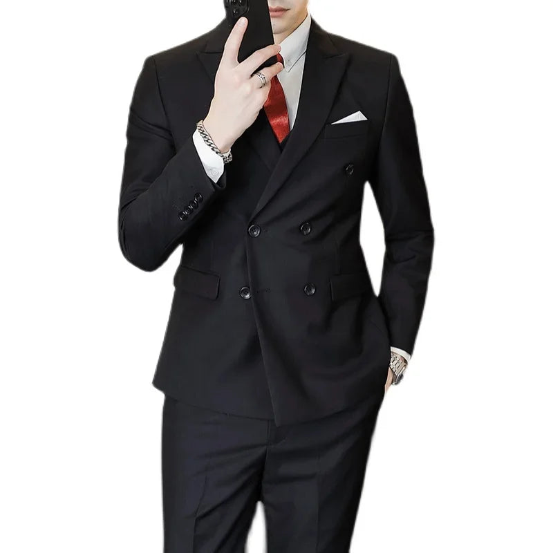 Showlu Fashion men's slim fit double-breasted suit, 2-piece business and wedding attire, dark fabric with tailored fit and lapel details.