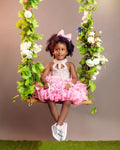 Cute JDY flower girl dress by Showlu Fashion, tiered white gown with floral accents for weddings, birthdays, and first communions.