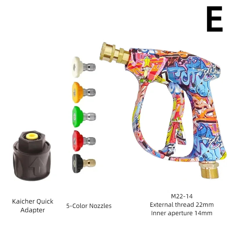 Showlu Smart General pressure washer foam gun attached to a hose, displaying thick foam being applied to a vehicle for cleaning.