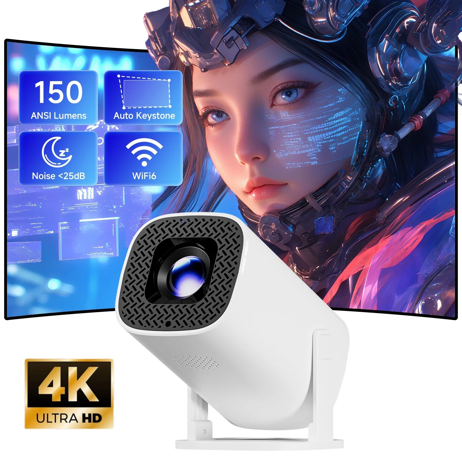 Showlu Smart P30PRO Mini Portable Projector displaying a movie scene on a wall, compact home theater device for home entertainment.