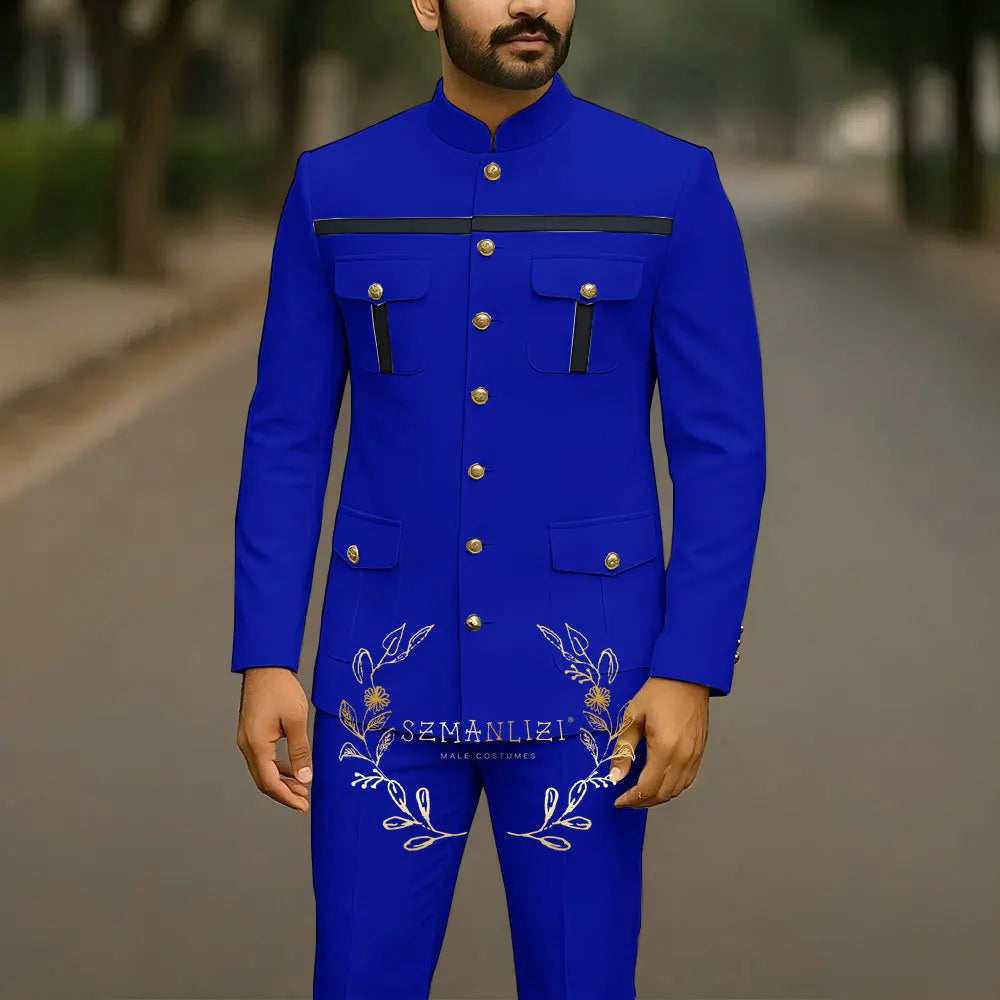 Elegant white men's suit featuring a stand collar jacket and matching pants, perfect for business, formal events, or weddings.