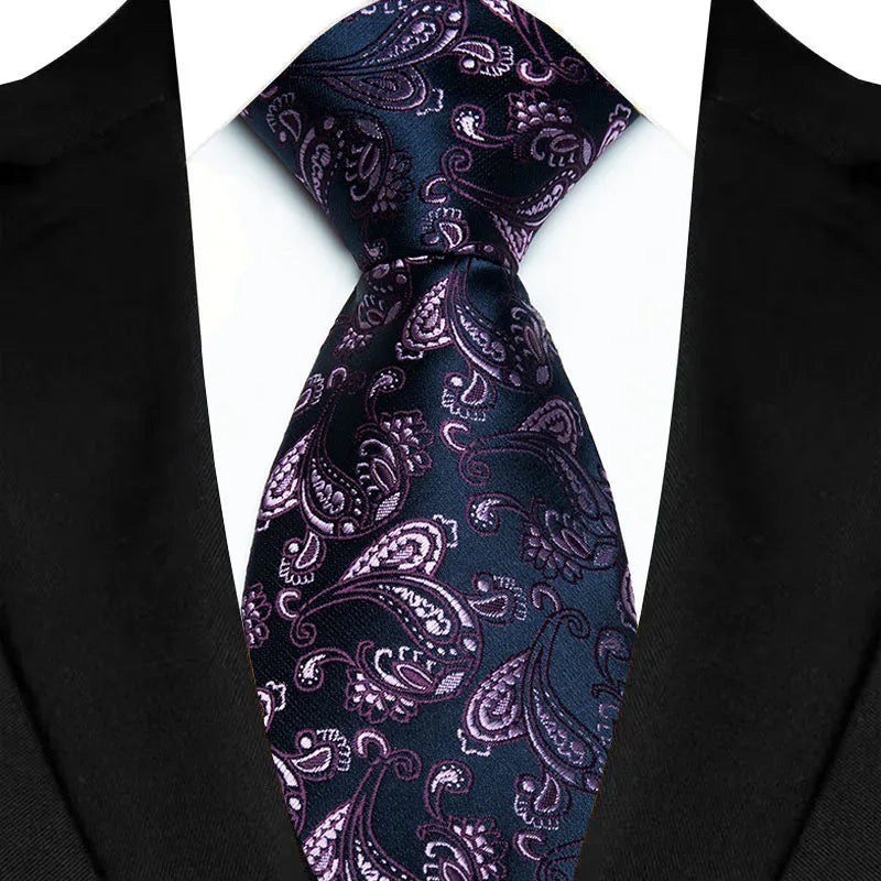 Purple woven men's necktie with floral plaid stripes, suitable for business, wedding, or formal occasions.