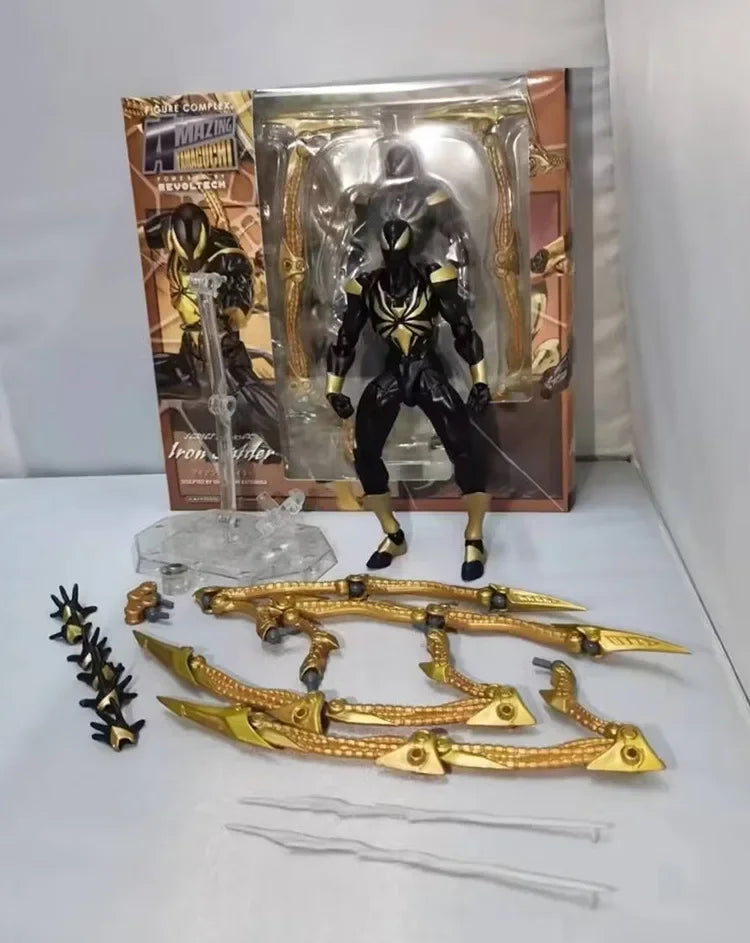 Iron Spider-Man action figure by Bandai, 22cm Yamaguchi-style PVC model, showcasing detailed superhero figure with dynamic pose.