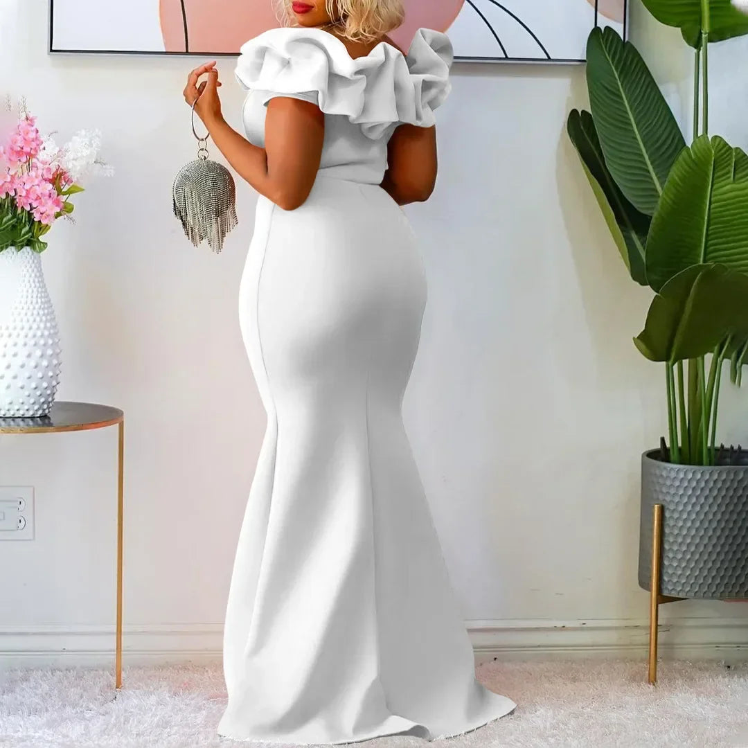 Elegant black women's off-shoulder ruffle evening gown by SHOWLU FASHION STORE, perfect for slim fit party and formal occasions.