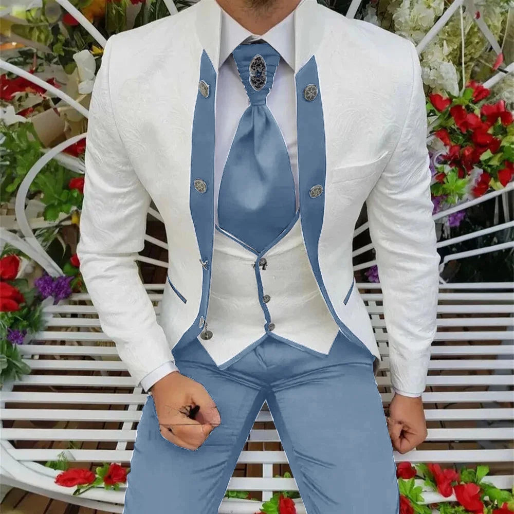 Showlu men's royal blue 3-piece wool tuxedo suit with jacket, vest, and trousers, ideal for wedding groom attire.