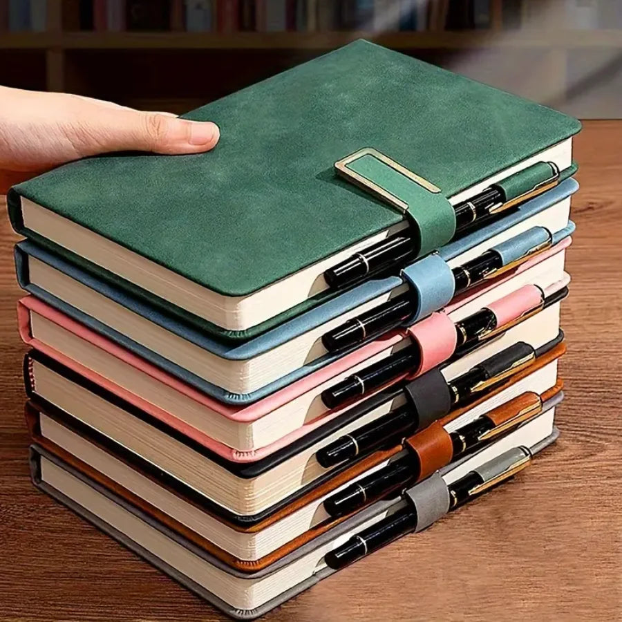 Personalized vintage A5 leather notebook with soft cover, featuring Showlu Fashion Store branding and classic design.