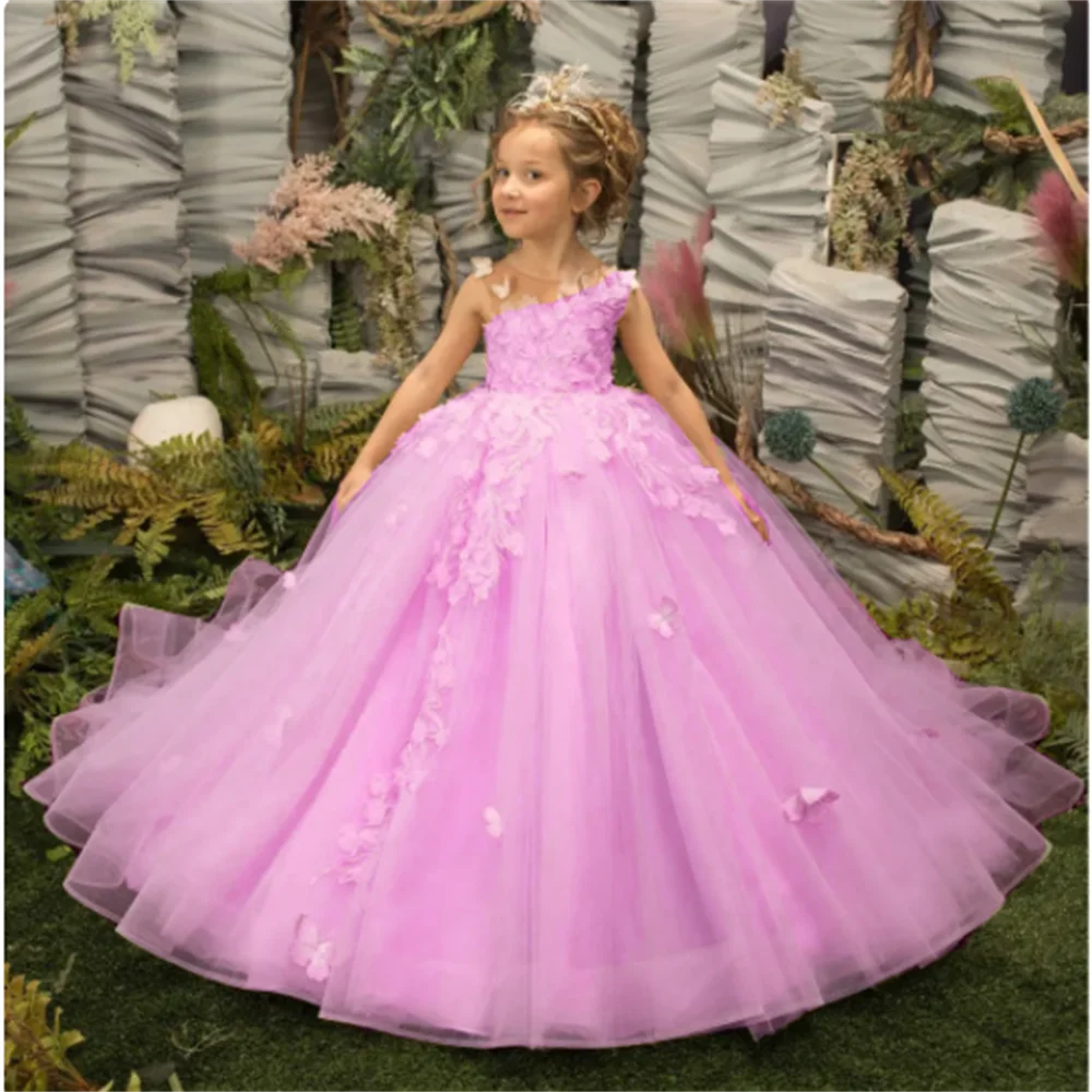 Pink flower girl dress for kids with 3D floral applique and tulle ball gown design by Showlu Fashion Store.