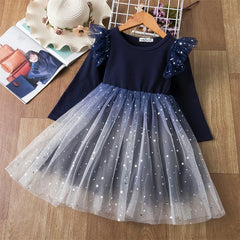 Children Casual Clothes for Autumn Girl Mesh Dress for Long Sleeve 3-8Y Kids Sequin Dress Christms Birthday Party Princess Dress