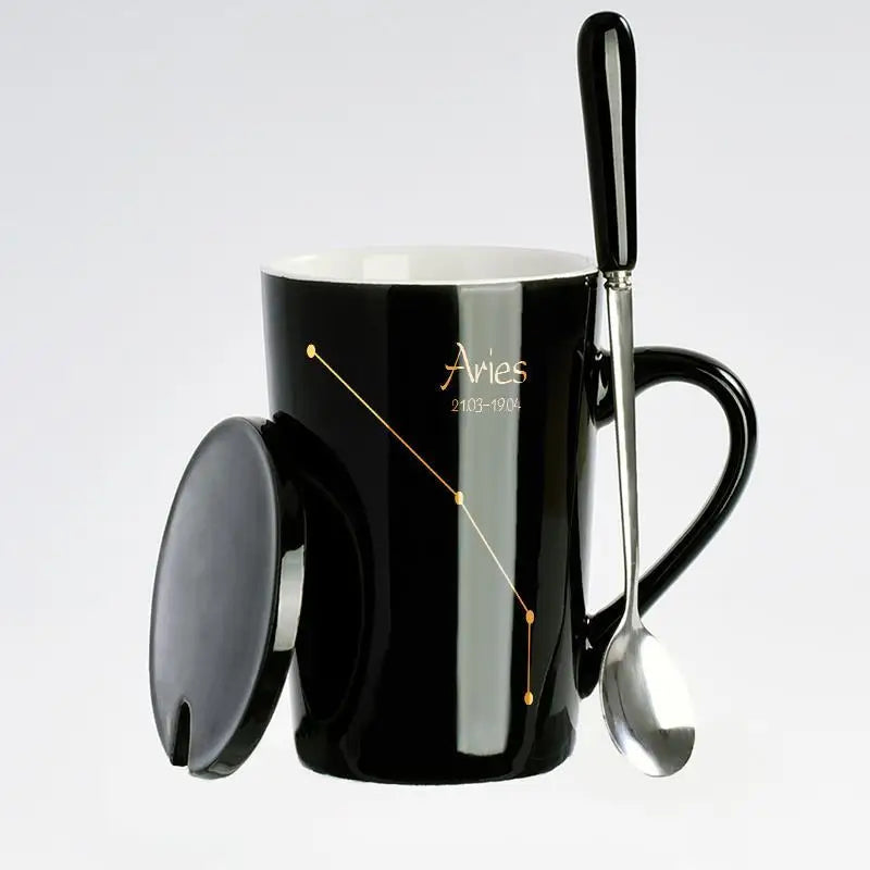 Showlu 12 Zodiac Signs ceramic coffee mug with lid and spoon, black color, featuring zodiac symbols and a modern design.