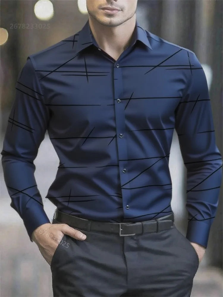 Men's long-sleeved casual shirt with geometric 3D print and lapel, large size, from Showlu Fashion Store.