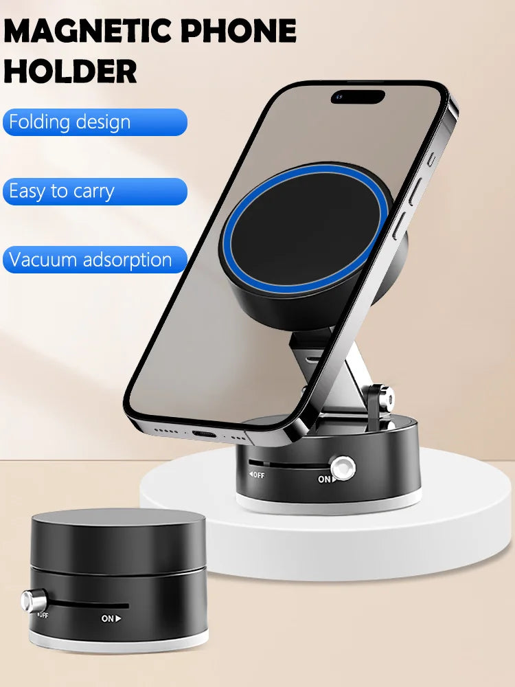 Showlu Mini Magnetic Suction Cup Car Phone Holder attached to a car dashboard holding an iPhone or Android device securely.