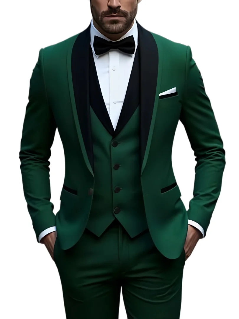 White Slit Mens Suits 3 Piece Black Shawl Lapel Casual Groom Tuxedos for Wedding Groomsmen Suits Men 2025 (Blazer+Vest+Pant)