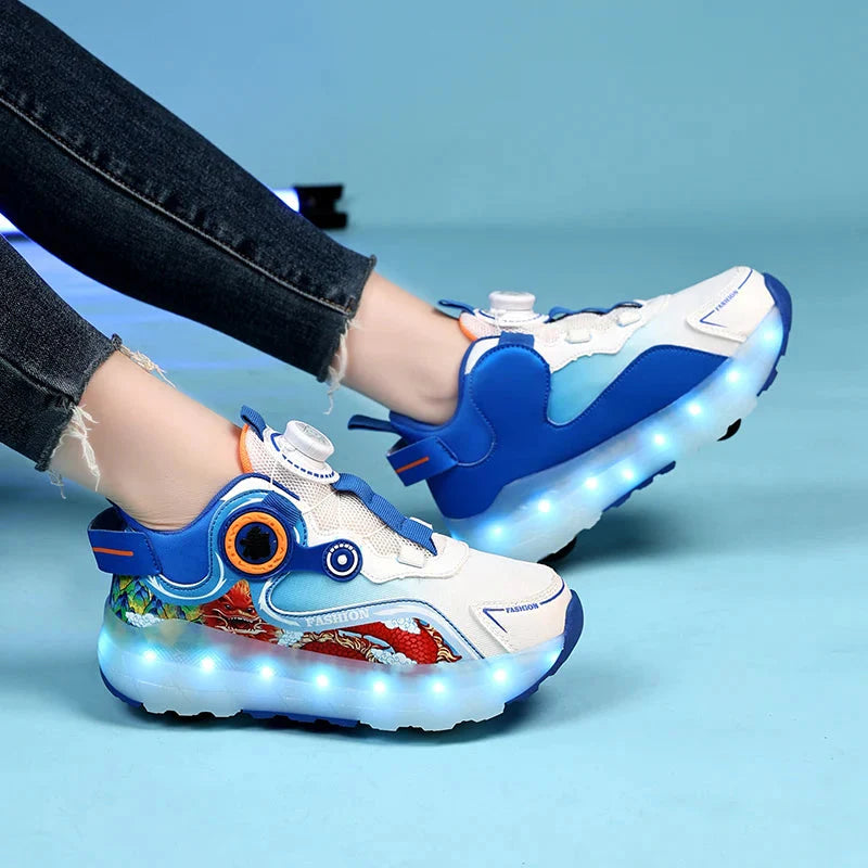 Kids luminous LED roller skate shoes by SHOWLU FASHION STORE with USB charging, featuring bright light-up sneakers for children.