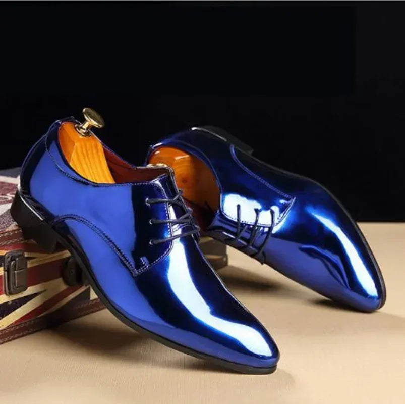 Men's patent leather Oxford dress shoes with pointed toe, stylish wedding shoes by Showlu Fashion Store.