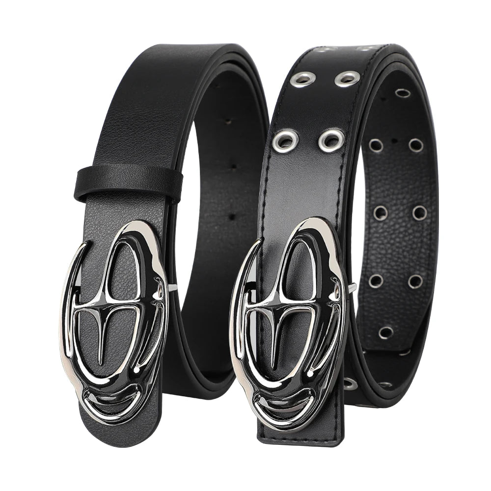 Men's punk alien buckle belt with vintage gothic design, made of black PU leather, suitable for street fashion and jeans.