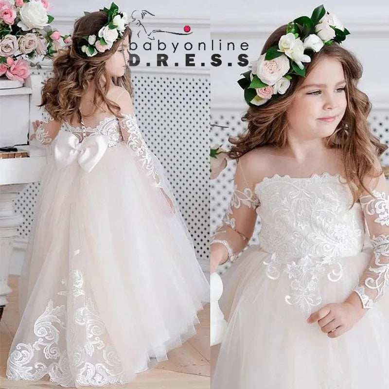 Lace flower girl dress by Showlu Fashion Store featuring floral tulle ball gown for weddings, with delicate lace details.