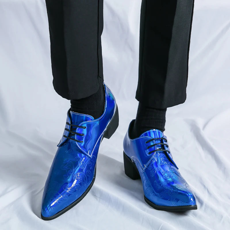 Blue and black pointed lace-up men's dress shoes with formal and wedding style, featuring sleek design and polished leather finish.