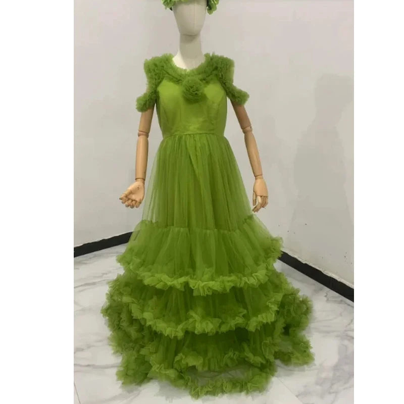 Showlu Fashion puff sleeve mother and daughter tulle prom dresses with ruffles and tiered mesh design, suitable for baby showers and pregnancy.