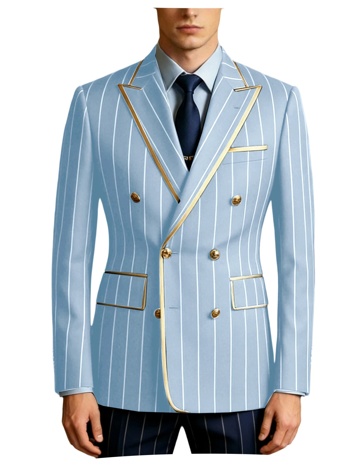 Men's Pinstripe Blazer Double Breasted Gold Trim Slim Fit Suit Jacket Peak Lapel Business Formal Tuxedo Coat for Wedding Prom