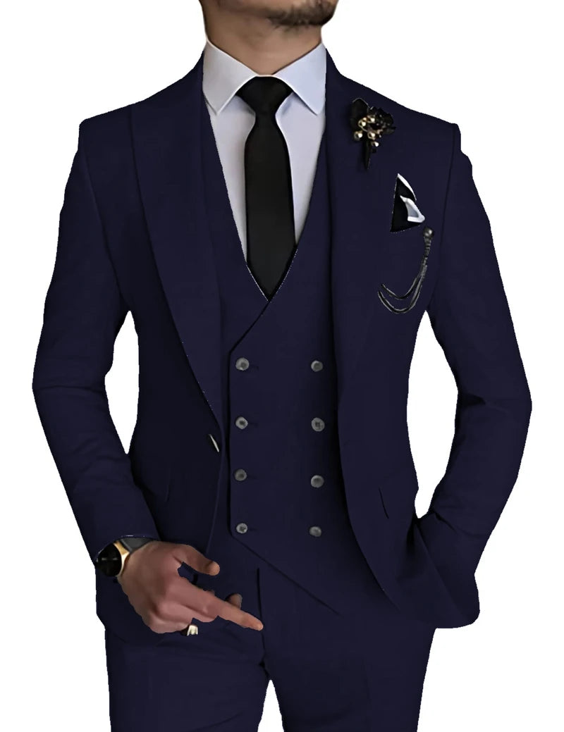 Beige men's formal suit with peak lapel blazer, double-breasted vest, and matching pants for wedding or elegant events.