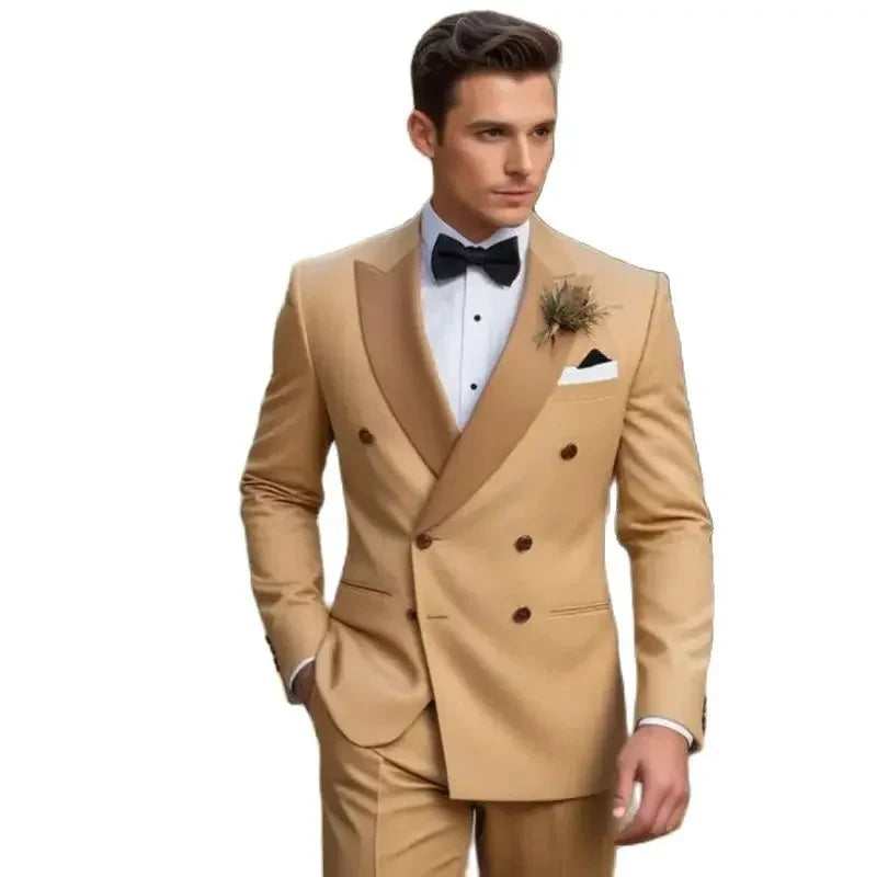 SHOWLU Men's double-breasted 2-piece wedding suit with slim fit blazer, formal men's fashion, in classic black.