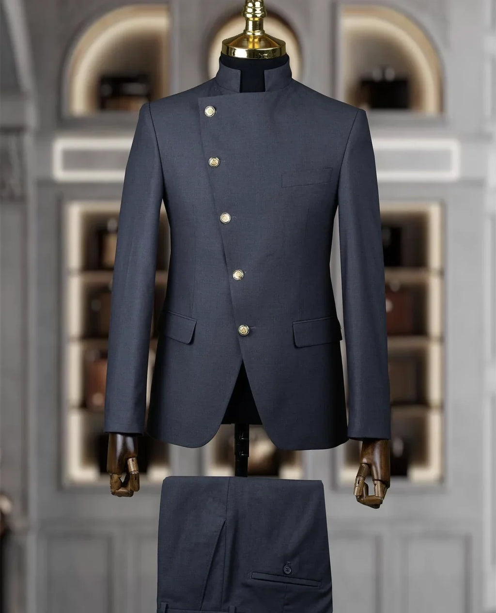 Showlu Fashion Men's slim fit cotton wedding tuxedo suit with stand collar, 2-piece design, perfect for formal occasions.