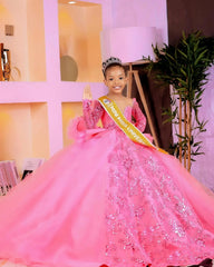 Customized Pink Flower Girl Dresses Children Birthday Dress Illusion Sheer Neck Long Sleeves Beaded Lace Princess Ball Gowns