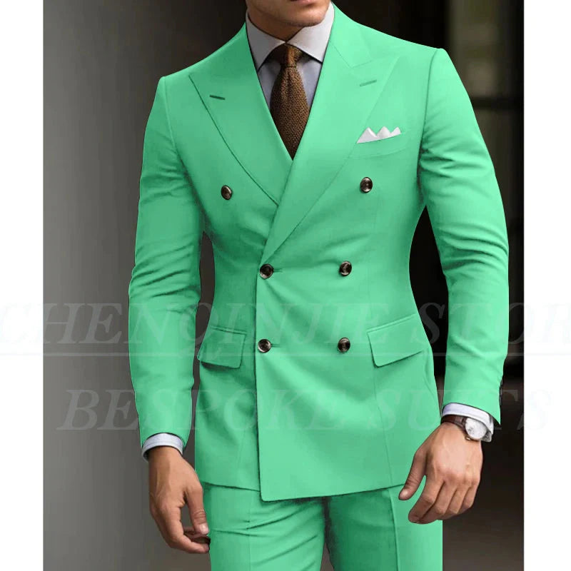 Men's green slim fit 2-piece suit with blazer and trousers, formal wedding attire by Showlu Fashion Store.