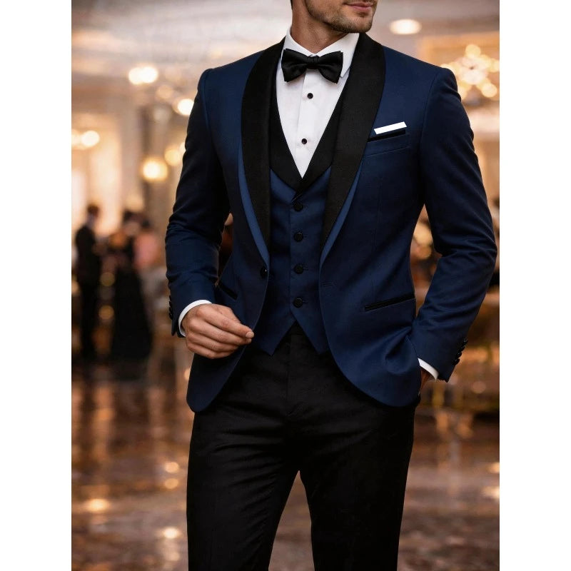 Men's classic black tuxedo suit with shawl lapel, 3-piece formal dinner jacket set by Showlu Smart General, ideal for gala and prom.