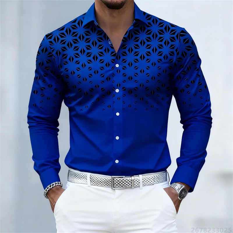 Men's slim fit long sleeve shirt with geometric pattern in 17 colors, casual trendy design by Showlu Fashion Store.