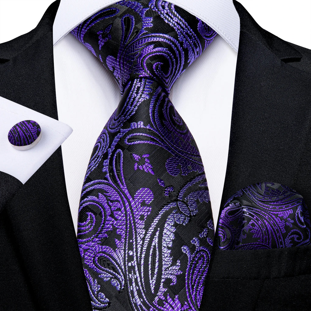 DiBanGu Ties For Men Purple Floral Paisley Necktie Business Formal 100% Silk Tie Pocket Square Set For Wedding Party Cravat