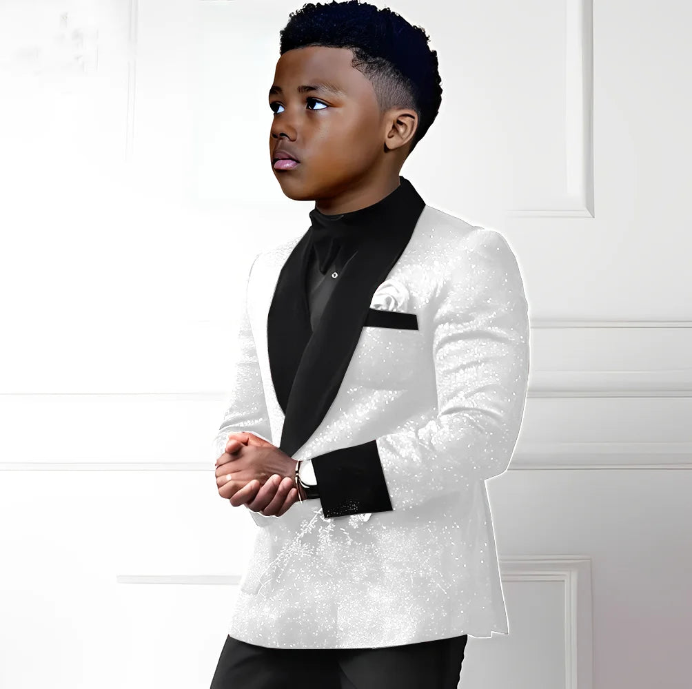 Sequin boys' 2-piece suit set with double-breasted blazer and pants, stylish kids' wedding tuxedo by Showlu Fashion Store.