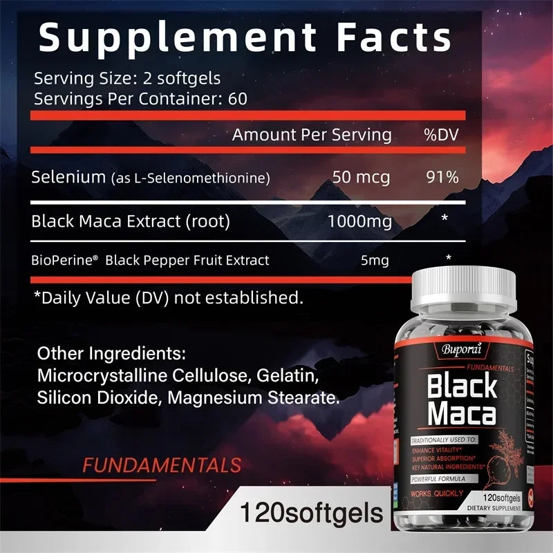 Black Maca supplement bottle from Showlu Fashion Store, featuring natural energy and endurance support for improved performance.