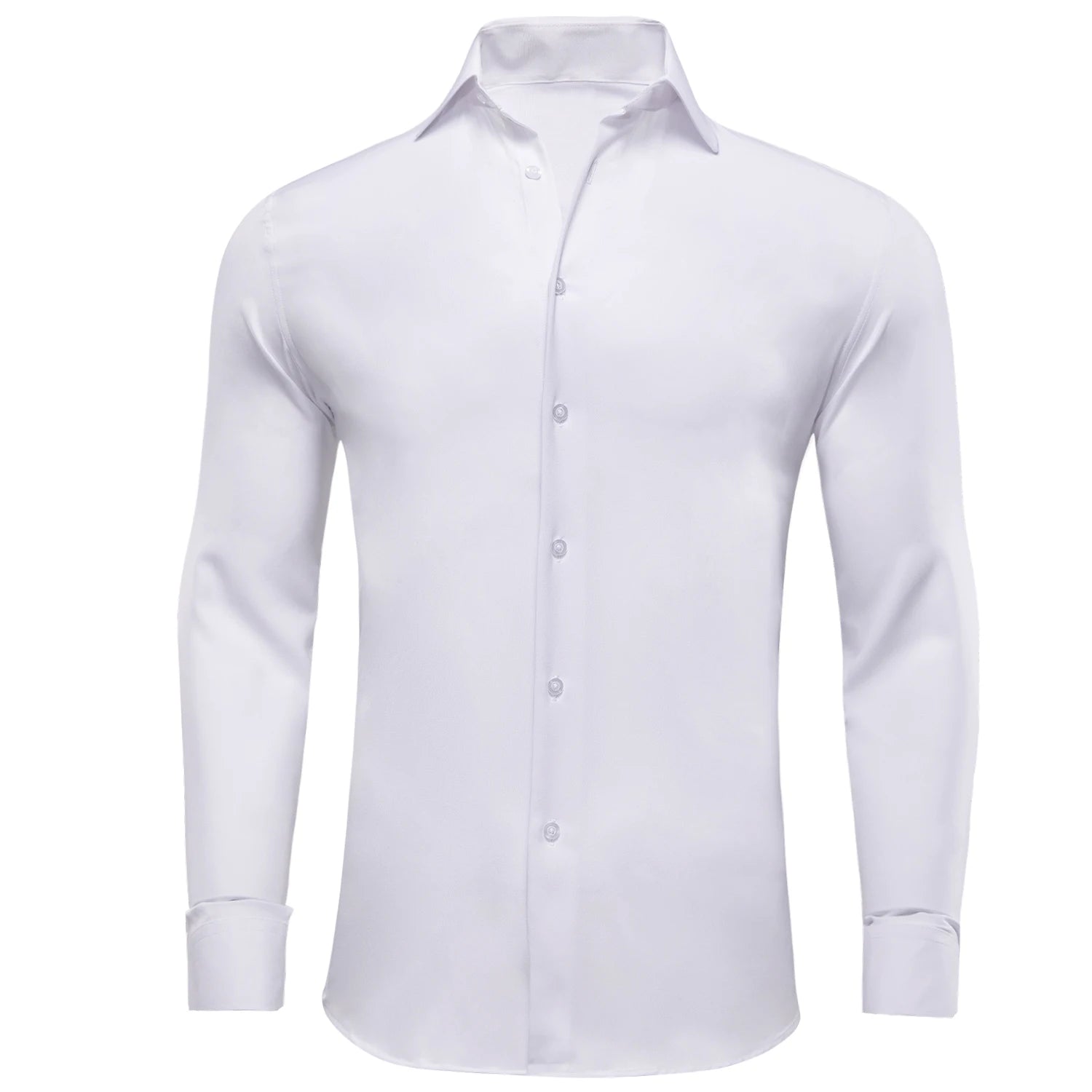 Showlu Fashion men's long sleeve silk dress shirt in solid blue, mint, pink, purple, green, or gray with lapel for business or wedding wear.
