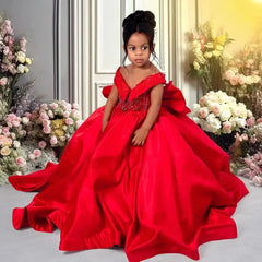 Red Flower Girl Dresses For Wedding Satin Beaded With Bow Floor Length Kids Birthday Party First Communion Ball Gown Customized