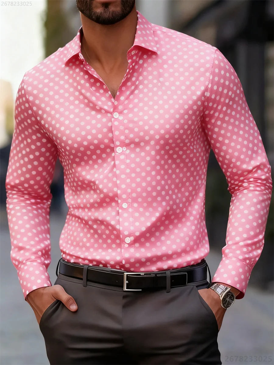 Men's slim-fit polka dot print long-sleeved shirt from Showlu Fashion, versatile business casual shirt for daily commuting.