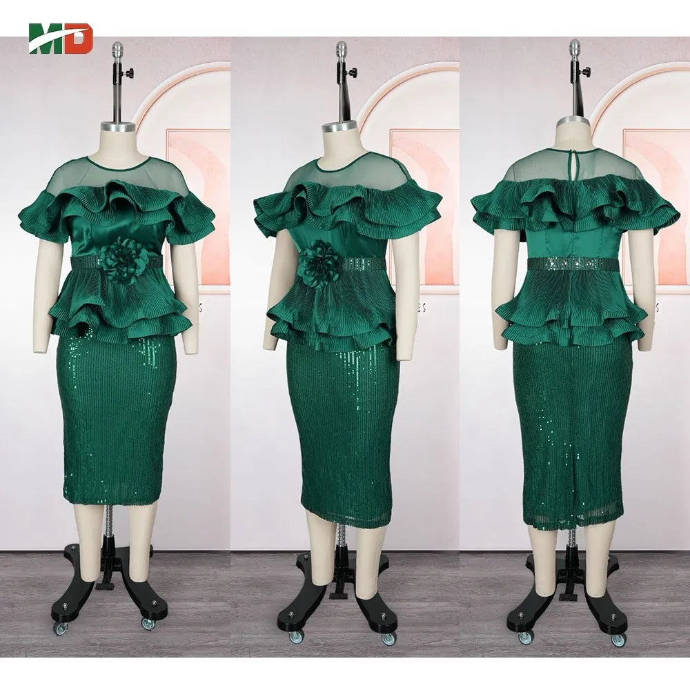 Off-shoulder MD African women's sequin peplum dress, elegant wedding and party gown with shimmering embellishments.
